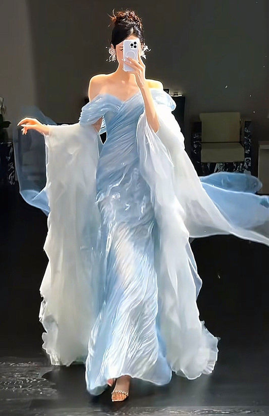 Mermaid Floor Length Light Sky Blue Off The Shoulder Long Prom Dresses Pleated Party Dresses For Women AB1468