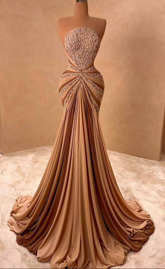 Modest Mermaid Strapless Brown Chiffon With Beading Evening Dresses Night Date Prom Dress Party Outfits AB2560