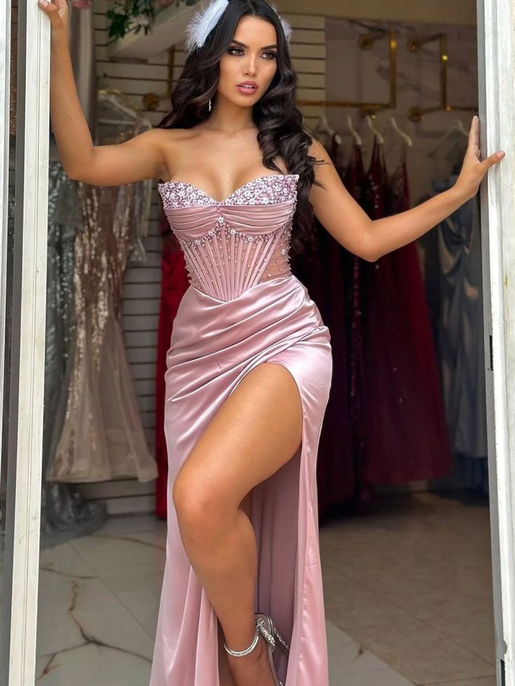 Robe de bal sirène rose à décolleté cœur et fente, inspiration pour adolescentes, tenue de soirée, robe de bal AB064