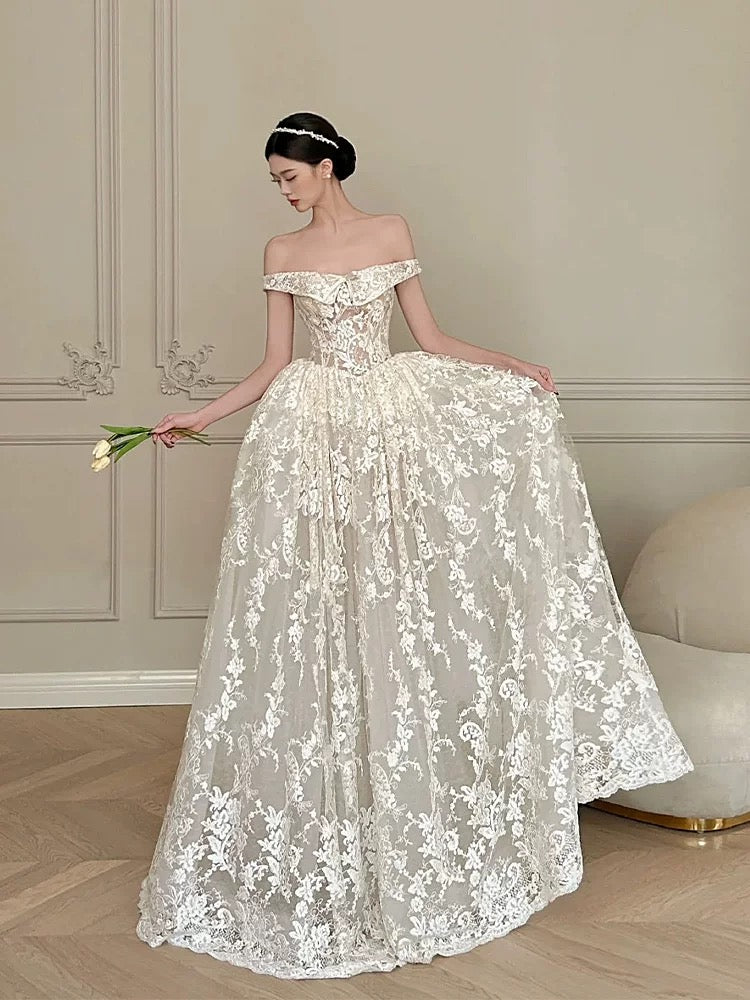 Timeless Ball Gown Off The Shoulder Lace Ivory Wedding Dress With Sleeves Fairytale Wedding Dresses AU471