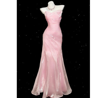 Hellblaues, trägerloses, plissiertes Ballkleid, Abendkleid, formelles, halbformelles, langes Abschlussballkleid für Teenager AB1993