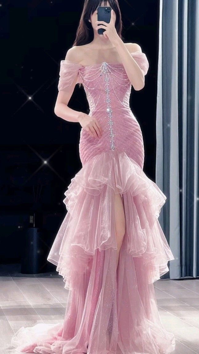 Élégante Robe de Bal de Printemps Longue Sirène Rose Épaules Dénudées avec Fente N2676