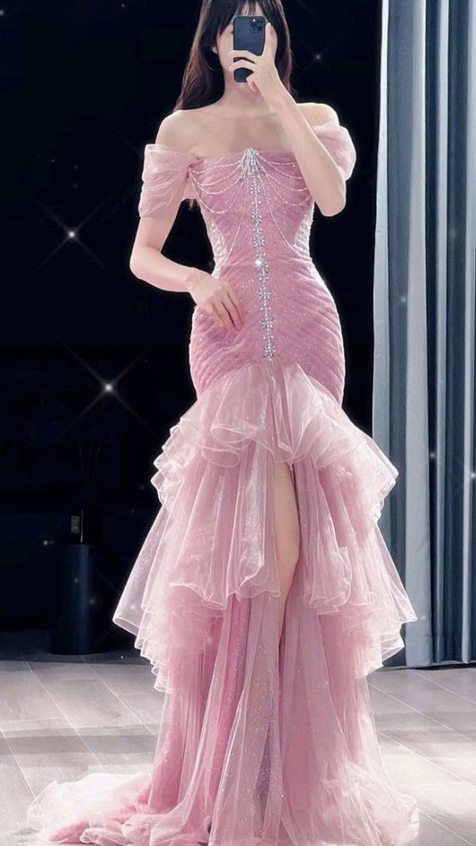 Chic Mermaid Off The Shoulder Pink With Split Spring Formal Dress Long Prom Dresses N2676