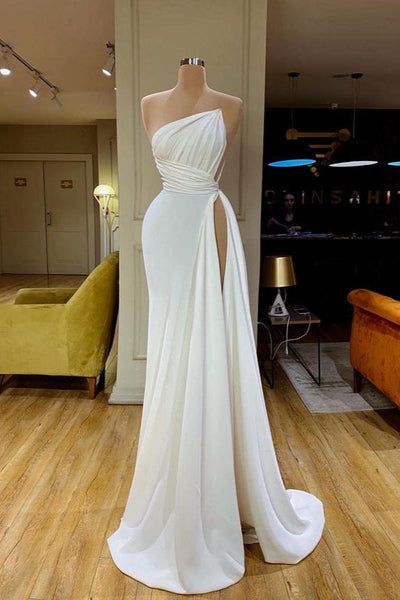 Strapless Creamy White High-split Pleated Long Prom Dress AB1647