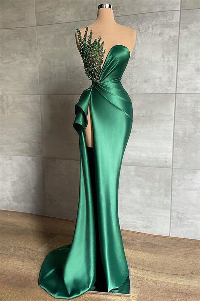 Glitzerndes Meerjungfrauen-Abendkleid aus grünem Satin mit One-Shoulder-Verschluss, Schlitz und Perlen, langes Ballkleid, formelles Partykleid, Abendkleid AB1242