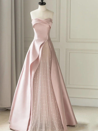 Robe de bal trapèze bustier en satin noir et tulle rose, modèle AB536