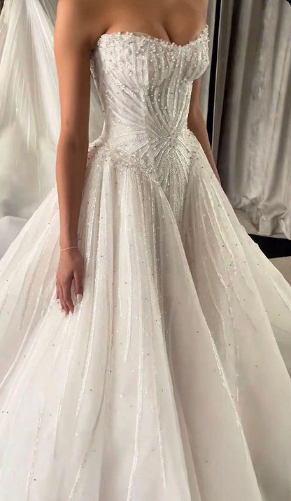 Robe de bal élégante sans bretelles, en tulle à sequins, longue robe de mariée, robe de mariée chic AB554