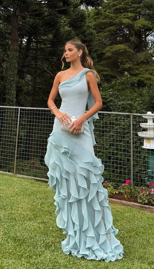 Simple Mermaid One Shoulder Light Sky Blue Chiffon With Ruffles Long Prom Dresses Impress Wedding Guest Dress Party Gown N289