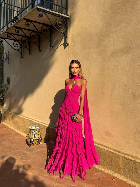 Graceful A line Fuchsia Straight Across Pleated Sleeveless Prom Dress With Scarf Formal Evening Dress Party Gowns AB419