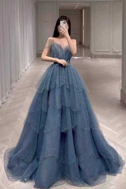 Robe de bal somptueuse en tulle bleu scintillant ornée de perles, robe de soirée à volants et strass AB2197