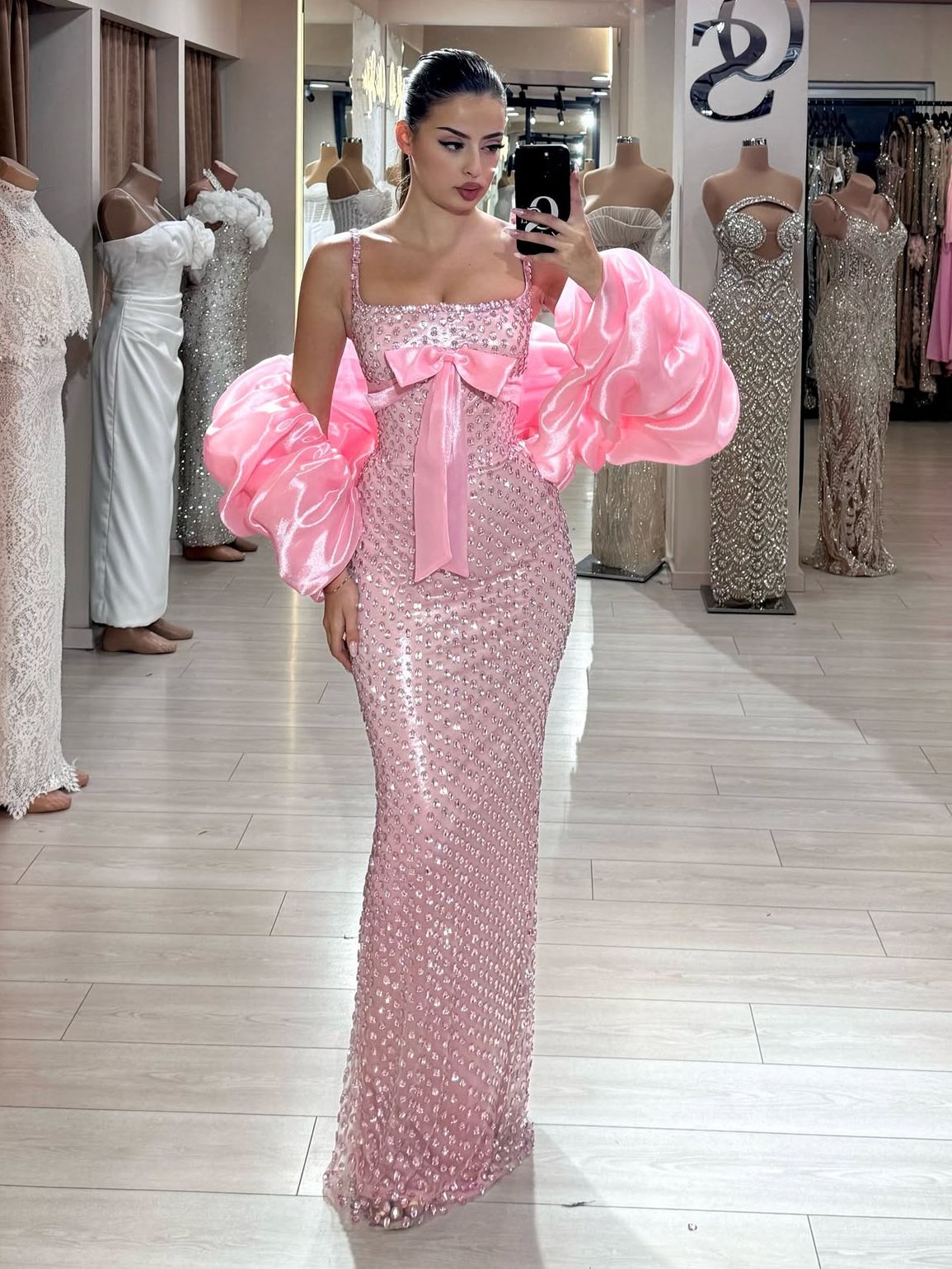 Neu eingetroffen: Elegantes, langes Partykleid in Pink mit Pailletten, Ballkleid, Meerjungfrauen-Stil, figurbetont für Damen N4079