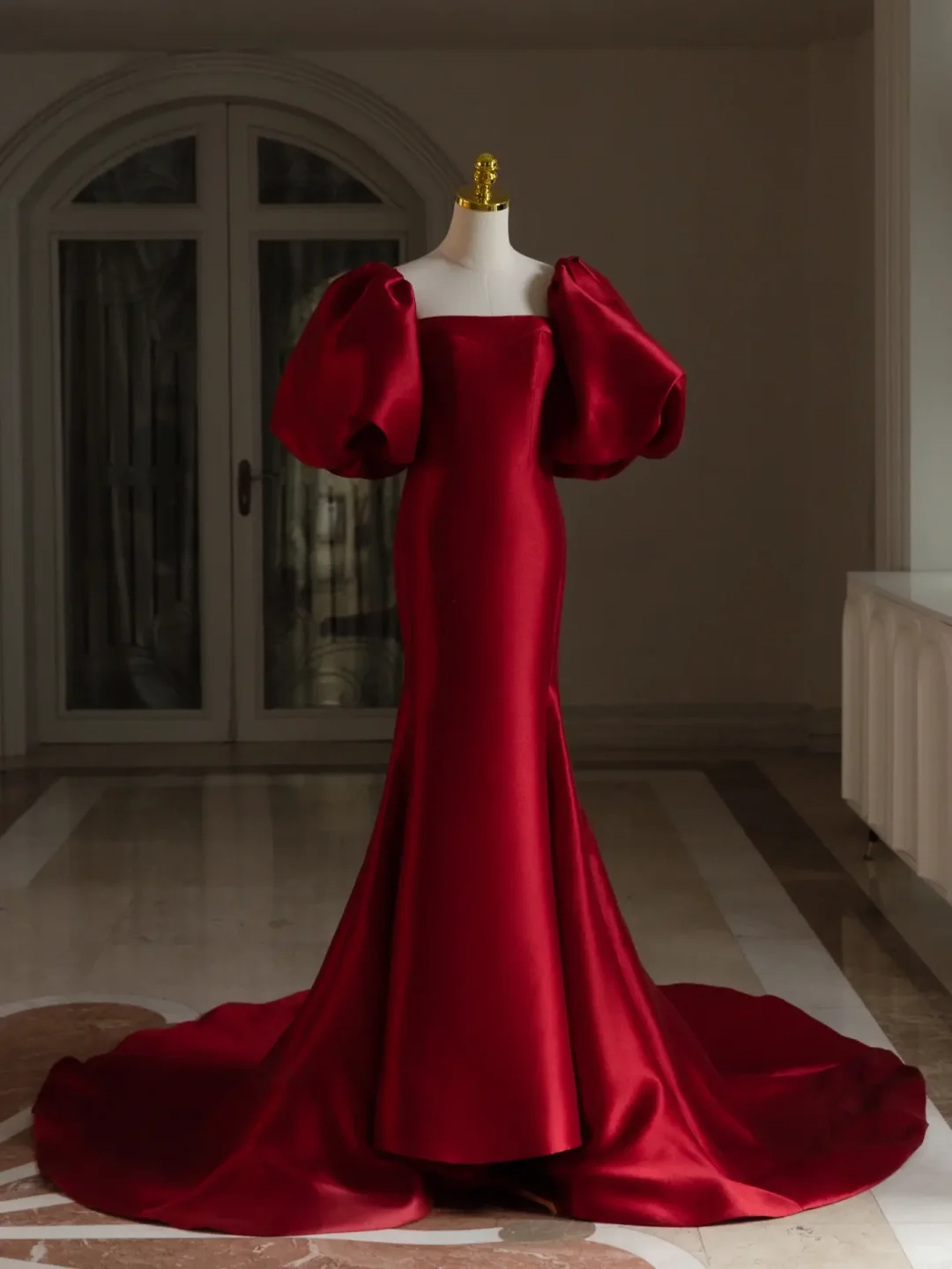 Vintage Mermaid Square Neck Short Puffy Sleeves Red Satin Long Prom Dresses Evening Gowns A001