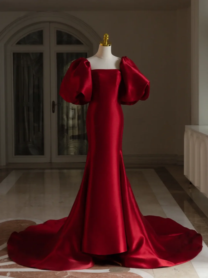 Vintage Mermaid Square Neck Short Puffy Sleeves Red Satin Long Prom Dresses Evening Gowns A001
