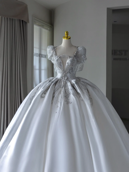 Princess Ball Gown White Square Neck Short Sleeves Beads Long Wedding Dress Satin Brides Dress A005