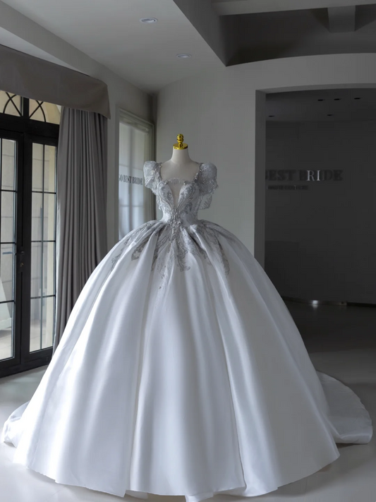 Princess Ball Gown White Square Neck Short Sleeves Beads Long Wedding Dress Satin Brides Dress A005