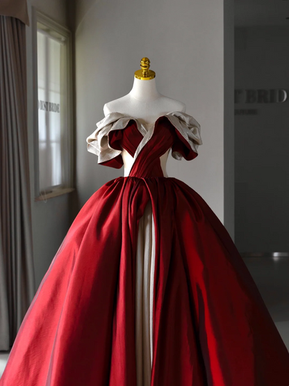 Burgund Ballkleid Weg Von Der Schulter Satin Kurzen Ärmeln Lange Quinceanera Kleider Sexy Quinceanera Kleider A006