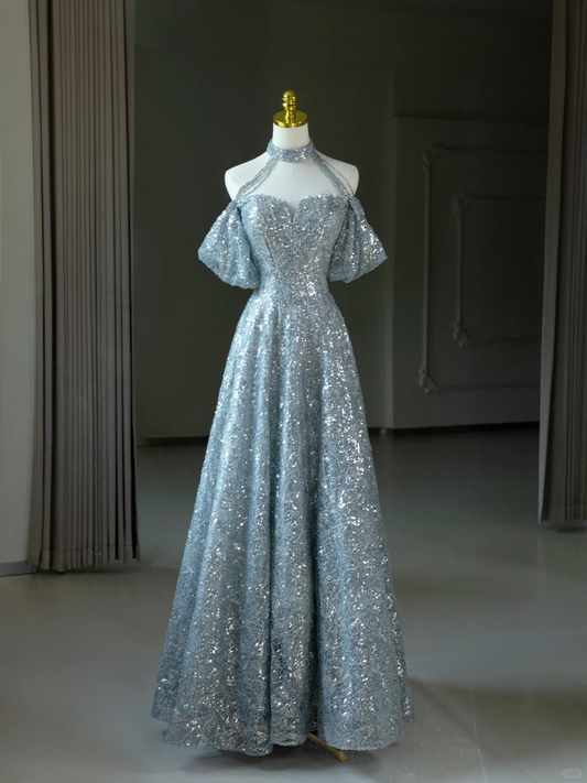 Sexy A Line Halter Silver Sequin Long Prom Dresses Sparkly Prom Gowns For Teens A010