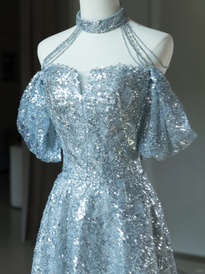 Robe de bal longue et sexy à paillettes argentées, coupe licou, coupe trapèze, scintillante, pour adolescentes, A010