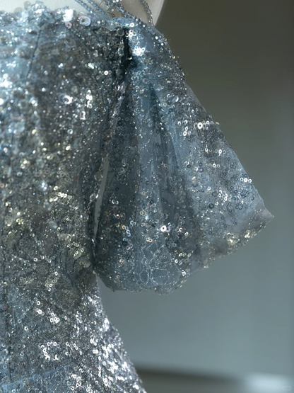 Robe de bal longue et sexy à paillettes argentées, coupe licou, coupe trapèze, scintillante, pour adolescentes, A010