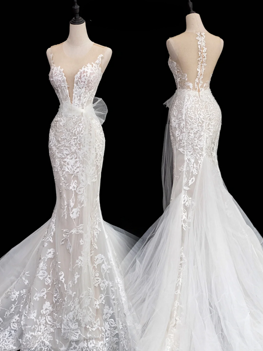 Princess Mermaid White V Neck Sleeveless Lace Long Wedding Dress Tulle Brides Dress A013
