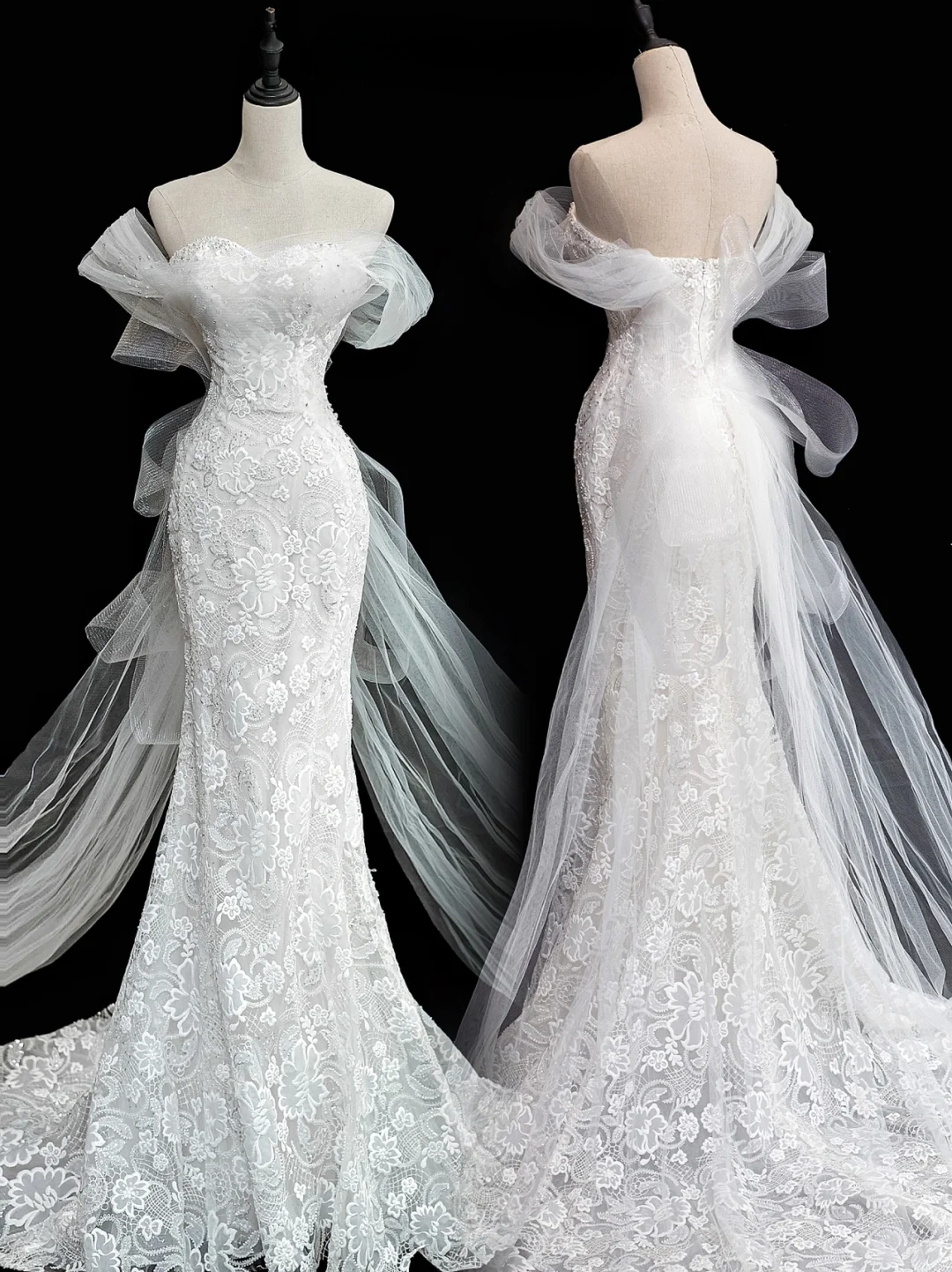 Robe de mariée sirène blanche à manches courtes et col en cœur, en dentelle et tulle, A014