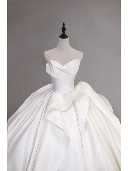 Modest Ball Gown White Sweetheart Satin Long Corset Back Wedding Dress Satin Brides Dress A017