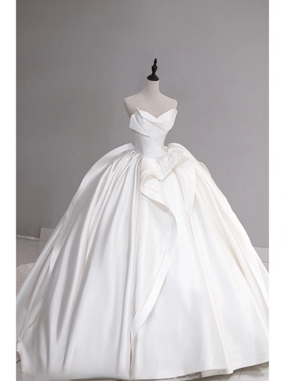 Modest Ball Gown White Sweetheart Satin Long Corset Back Wedding Dress Satin Brides Dress A017