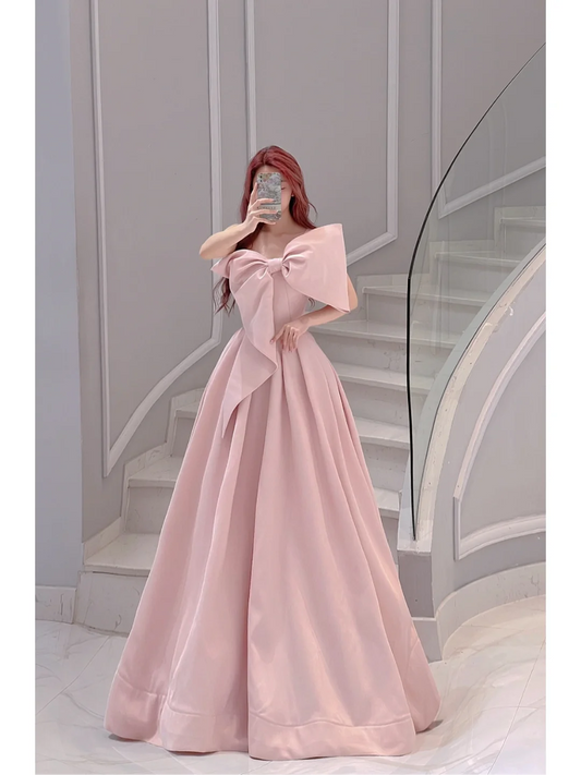 Cute A line One Shoulder Pink Satin Sleeveless Long Prom Dresses Prom Gowns Evening Dress A019