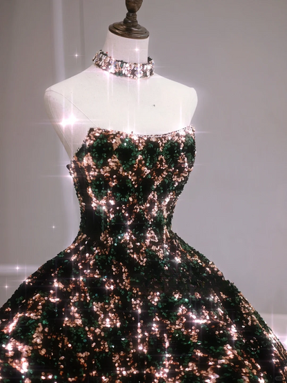 Sparkly Ball Gown Strapless Black Sequin Sleeveless Long Prom Dresses Prom Gowns Evening Dress A024