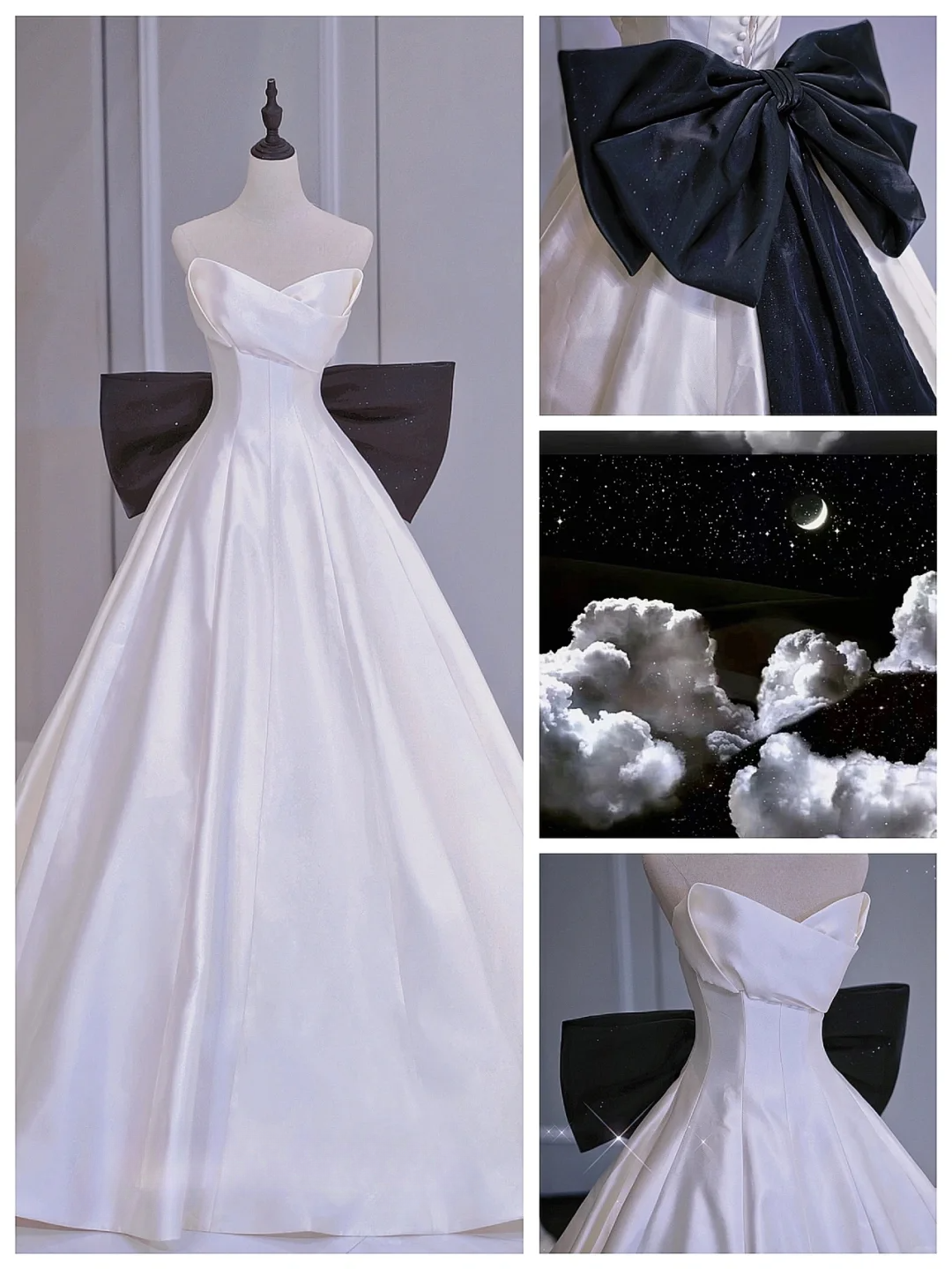 Modest Ball Gown White Sweetheart Satin Long Corset Back Wedding Dress With Black Bow Brides Dress A021