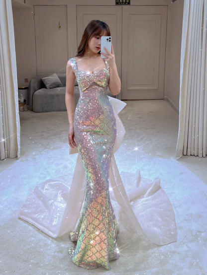 Robe de bal longue à paillettes et col carré, style sirène scintillant, sans manches, robe de soirée A022