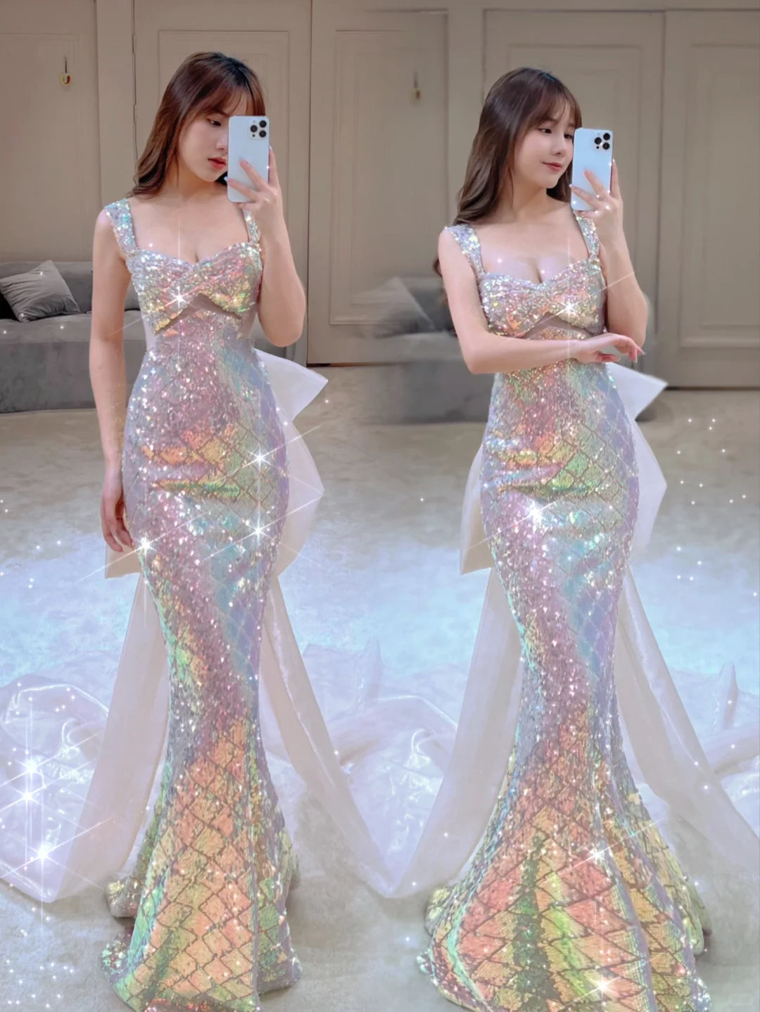 Robe de bal longue à paillettes et col carré, style sirène scintillant, sans manches, robe de soirée A022