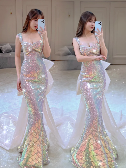 Robe de bal longue à paillettes et col carré, style sirène scintillant, sans manches, robe de soirée A022