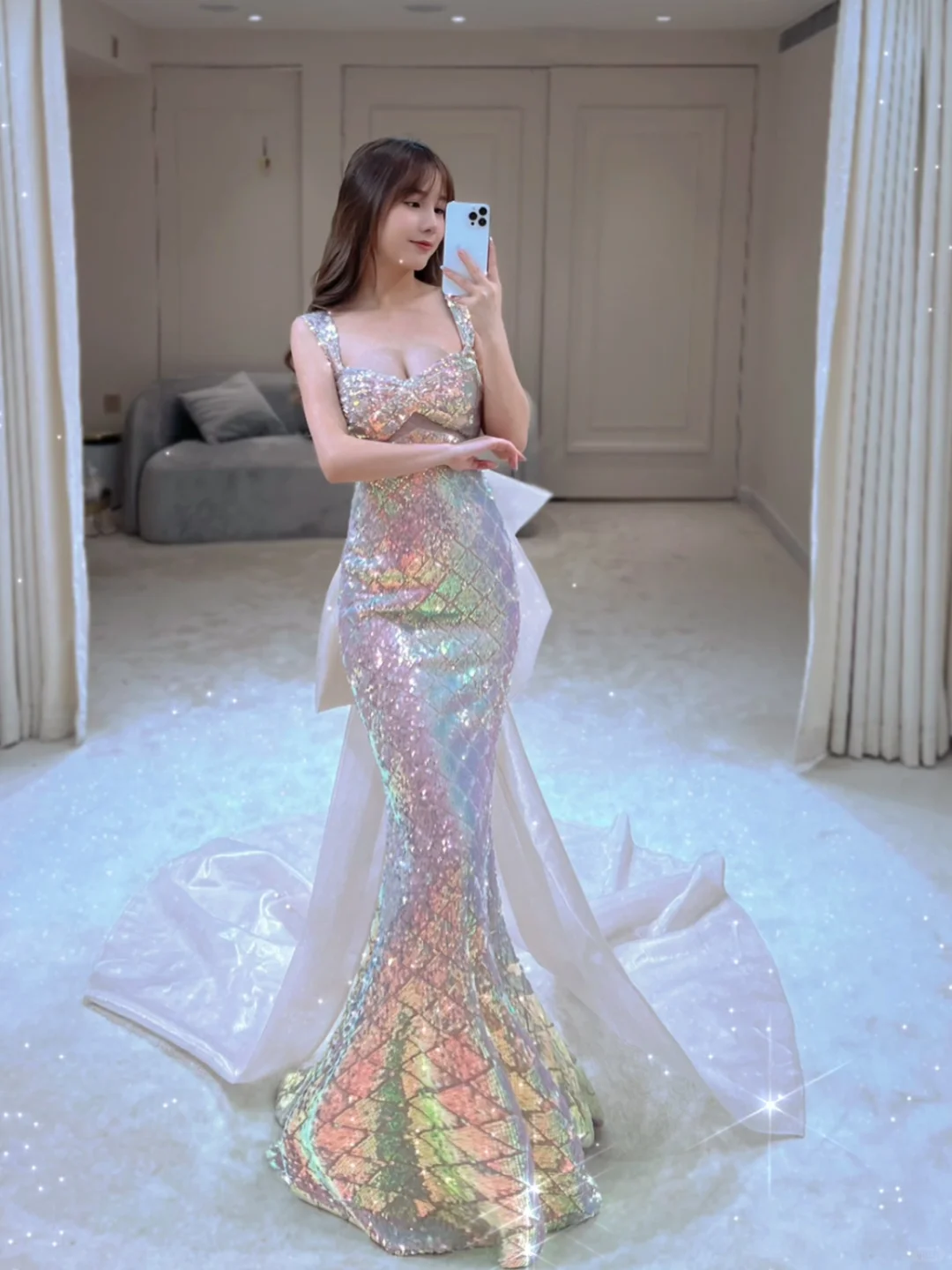 Robe de bal longue à paillettes et col carré, style sirène scintillant, sans manches, robe de soirée A022