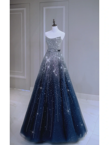 Sparkly Ballkleid Trägerlos Marineblau Perlen Pailletten Ärmellos Lange Ballkleider Ballkleider Abendkleid A023