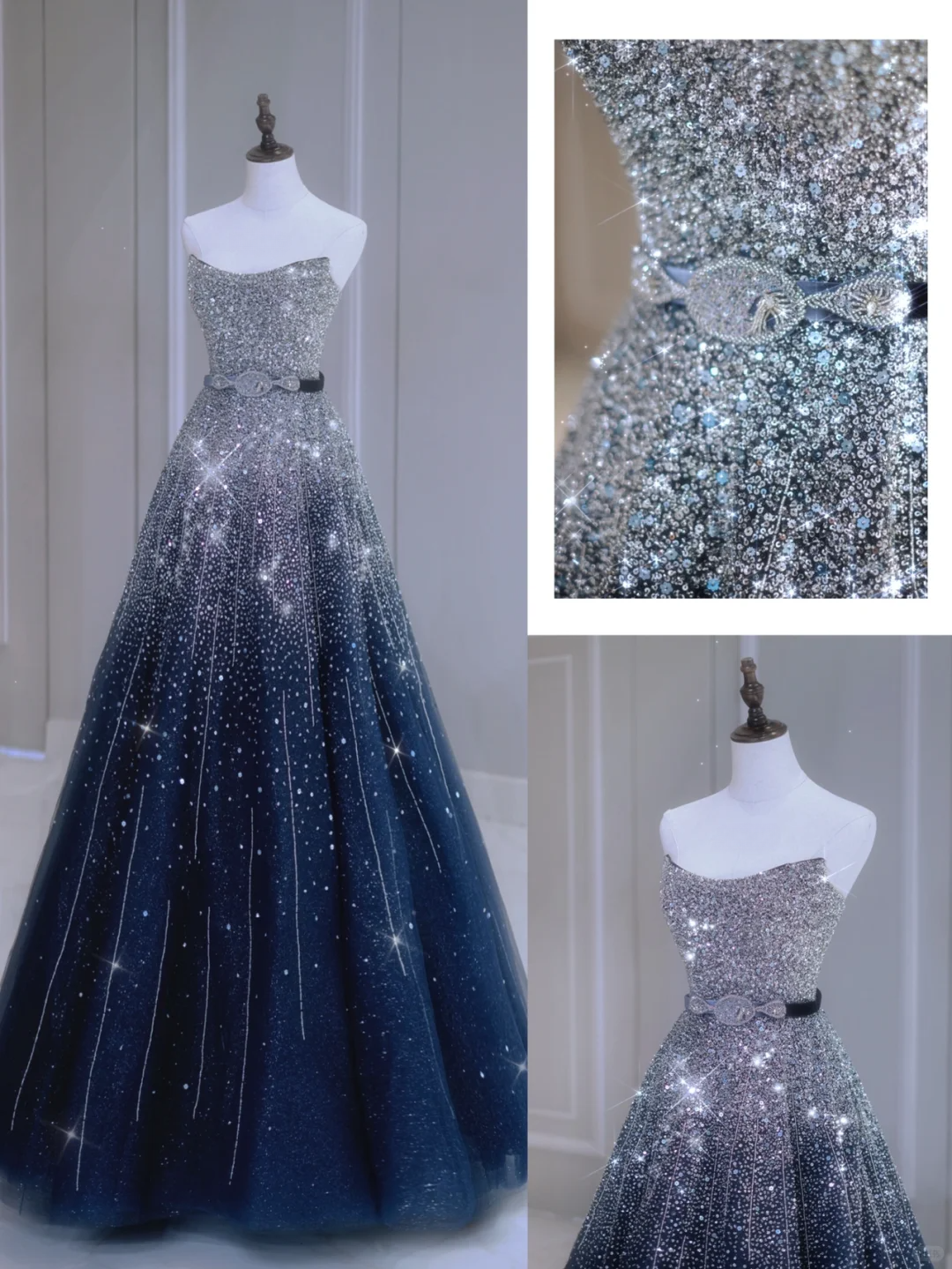 Sparkly Ballkleid Trägerlos Marineblau Perlen Pailletten Ärmellos Lange Ballkleider Ballkleider Abendkleid A023