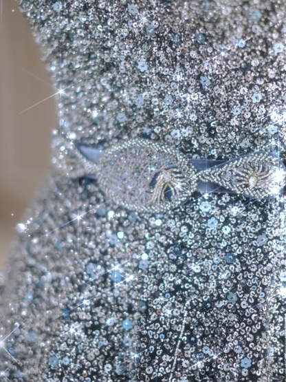 Sparkly Ballkleid Trägerlos Marineblau Perlen Pailletten Ärmellos Lange Ballkleider Ballkleider Abendkleid A023