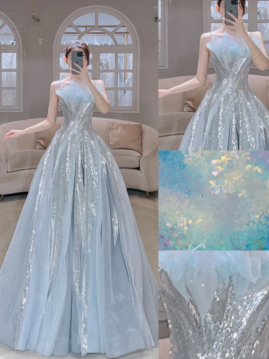 Robe de soirée longue et sexy à paillettes, coupe trapèze, sans bretelles, argentée, scintillante, A029