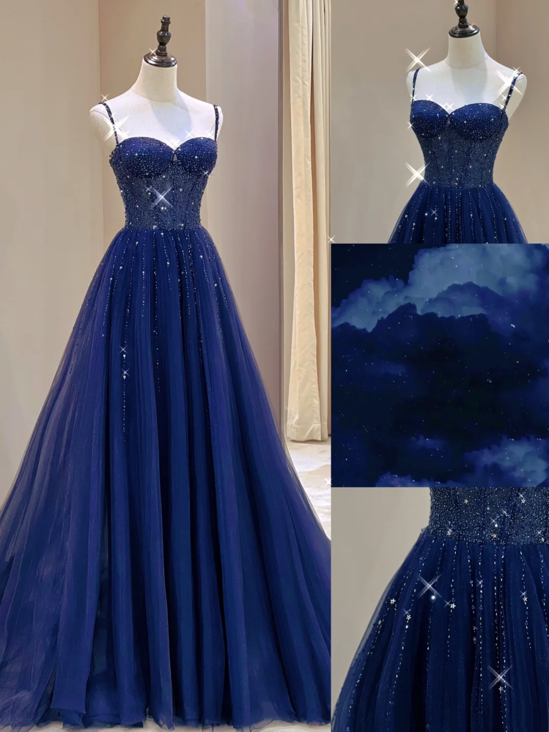 Classy A Line Spaghetti Straps Navy Blue Beads Sleeveless Sequin Long Prom Dresses Special Evening Gowns A030