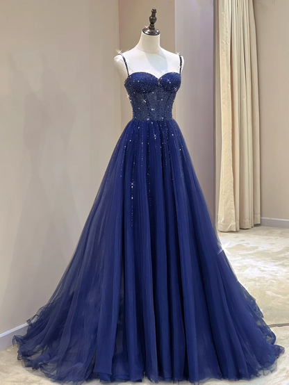 Classy A Line Spaghetti Straps Navy Blue Beads Sleeveless Sequin Long Prom Dresses Special Evening Gowns A030