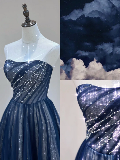 Robe de bal longue et élégante, coupe trapèze, sans bretelles, bleu marine, scintillante, inspiration spéciale, A032