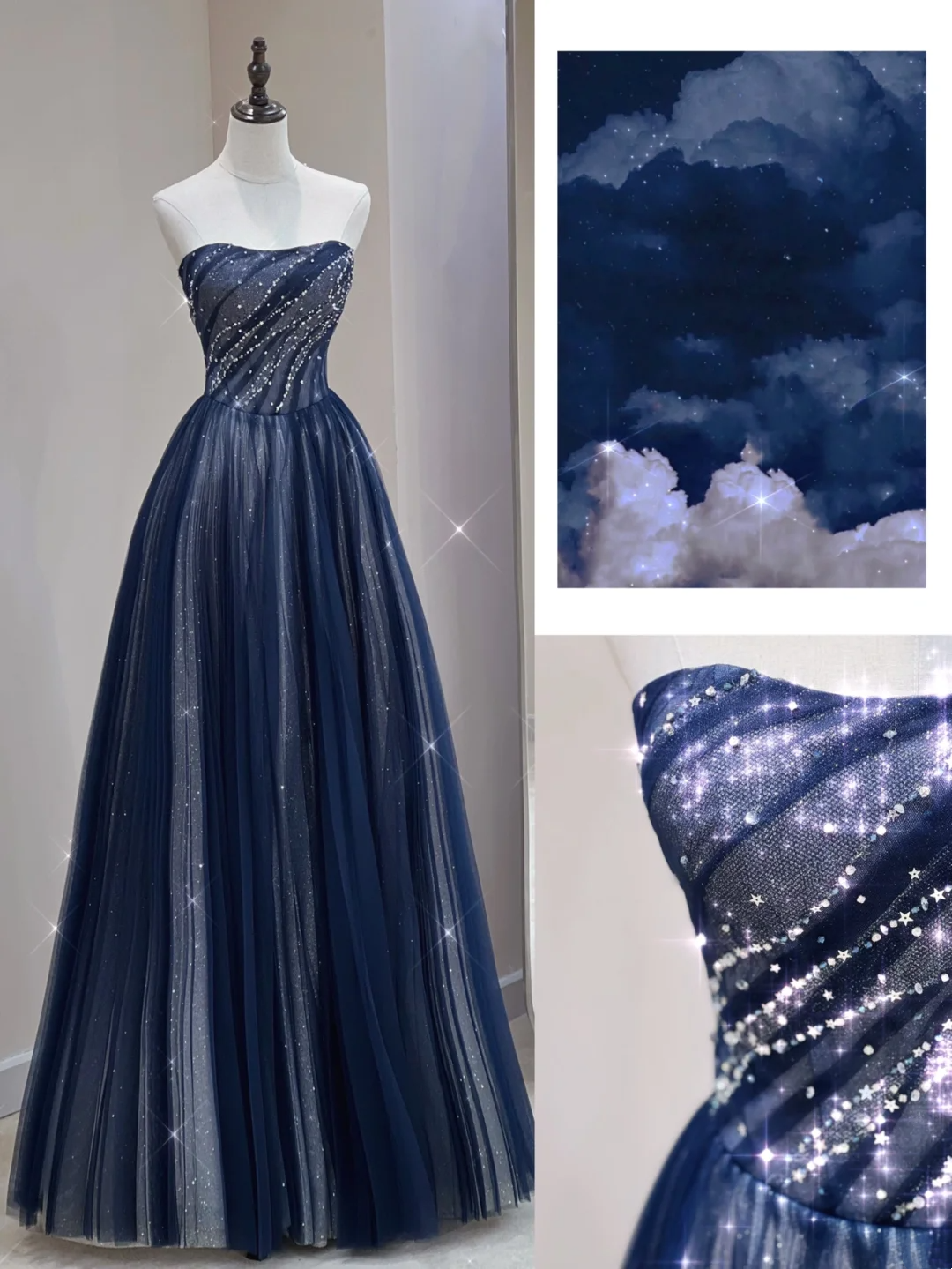 Robe de bal longue et élégante, coupe trapèze, sans bretelles, bleu marine, scintillante, inspiration spéciale, A032