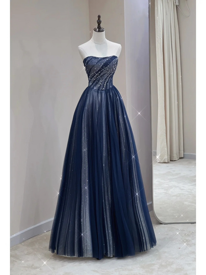 Robe de bal longue et élégante, coupe trapèze, sans bretelles, bleu marine, scintillante, inspiration spéciale, A032