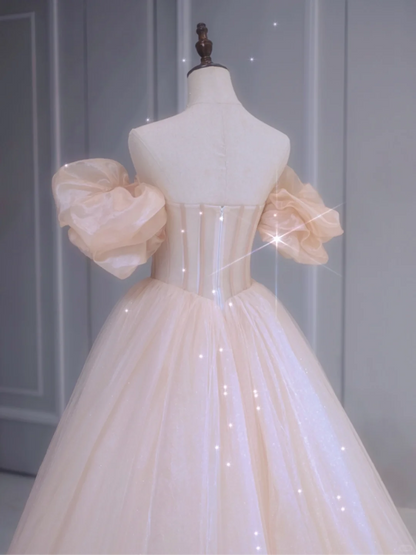 Classy Ball Gown Off The Shoulder Tulle Short Puffy Sleeves Long Prom Dresses Inspiration Special Evening Long Dress A033