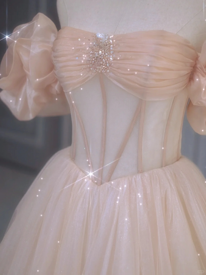 Classy Ball Gown Off The Shoulder Tulle Short Puffy Sleeves Long Prom Dresses Inspiration Special Evening Long Dress A033