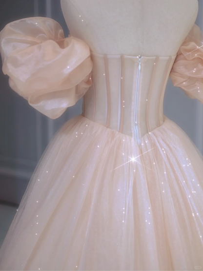 Classy Ball Gown Off The Shoulder Tulle Short Puffy Sleeves Long Prom Dresses Inspiration Special Evening Long Dress A033