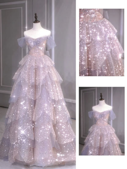 Unique Ball Gown Off The Shoulder Tulle Short Sleeves Long Prom Dresses Inspiration Special Evening Long Dress A034