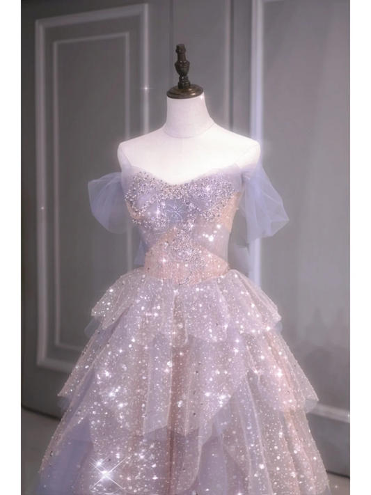 Unique Ball Gown Off The Shoulder Tulle Short Sleeves Long Prom Dresses Inspiration Special Evening Long Dress A034