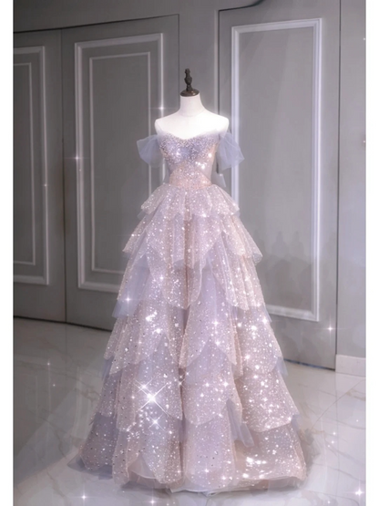 Unique Ball Gown Off The Shoulder Tulle Short Sleeves Long Prom Dresses Inspiration Special Evening Long Dress A034