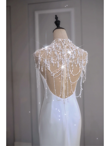 Elegant Mermaid Spaghetti Straps White Satin Long Backless Wedding Dress With Beads Summer Brides Dress A035